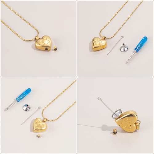 Paw Print Heart Urn Necklace for Pet Ashes Cremation Jewelry Memorial Keepsake Pendant for Dog/Cat Stainless Steel Ash Holder Necklace - color: Gold