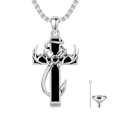 Cross Urn Necklace for Ashes Fish Hook Antler Cremation Pendant 925 Sterling Silver Nail Cross Memorial Jewelry Engraving Name Keepsake Gifts for Men Dad Husband - color: 1-Black Onyx, style: 1-No custom