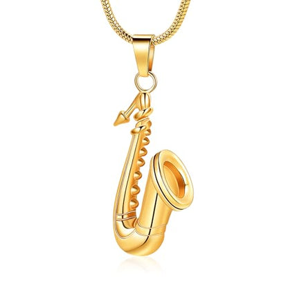 memorial jewelry Music Urn Saxophone Horn Chain Necklace Cremation Ash Keepsake Pendant - color: Gold