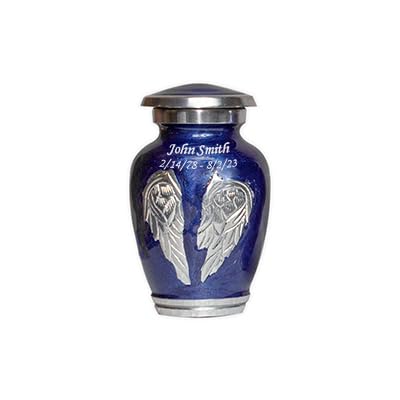 Blue Engraved Angel Wings Funeral Cremation Urn with Velvet Bag (Royal Blue, Small) - color: Royal Blue, size: Small