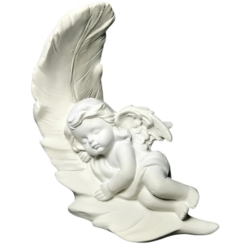Baby Cherub Angel Statue Left-Sleeping, Small White Angel Figurine with Wings on Moon & Feather Base, Resin Guardian Angel Decor for Catholic Altar Garden Desk Bedside (4.3IN)