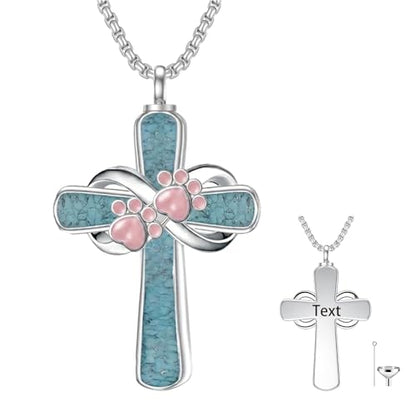Turquoise Cross Urn Necklaces for Human Ashes 925 Sterling Silver Urn Necklaces Cremation Keepsake Memorial Pendant Necklace for Ashes for Loved One Human Pet - style: Paw Print&Pink-Text