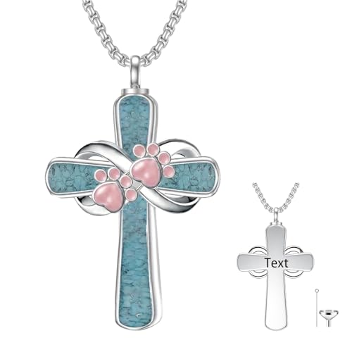 Turquoise Cross Urn Necklaces for Human Ashes 925 Sterling Silver Urn Necklaces Cremation Keepsake Memorial Pendant Necklace for Ashes for Loved One Human Pet - style: Paw Print&Pink-Text