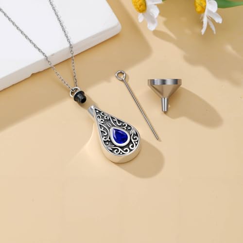 Teardrop Urn Necklace for Ashes Filigree Birthstone Keepsake Pendant Cremation Jewelry for Ashes Memorial Jewelry Gifts for Loss of a Loved One for Women - style: Sep-Sapphire