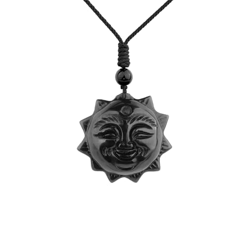 ASGIFT Black Obsidian Necklace Healing Crystal Stone Amulet Protection Pendant with Adjustable Rope Necklace Birthday Christmas Gift for Men Women - color: Sun God