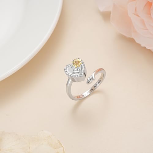 925 Sterling Silver Heart Urn Ring for Ashes for Women - Cremation Jewelry Keepsake Thumb Rings Adjustable with Rose/Sunflower Gift for Lost Of Love Ones Human Adult Pet - style: Heart-Sunflower