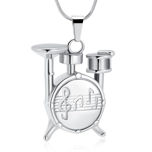 Memorial Cremation Jewelry for Ashes Music Drum Set Shaped Urn Necklaces for Human Dog Cat Keepsake Pendant Jewelry with Fill Kit - color: Silver