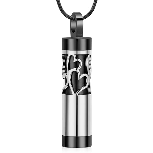 Hollow Cylinder Urn Necklace for Ashes for Women Men Vial Stainless Steel Cremation Jewelry Memorial Keepsake Locket Pendant - color: Silver-Black
