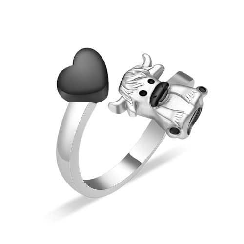 Heart Urn Rings for Ashes for Women Highland Cow Cremation Ring Hold Loved Ones Ashes Adjustable Cute Cow Keepsake Memorial Jewelry Cremation Jewelry Ashes Open Rings Locket - color: Black, size: 5#
