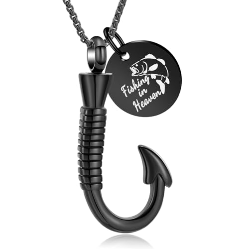 Oinsi Fishing Hook Urn Necklace for Ashes Fish Cremation Jewelry Memorial Ashes Keepsake Stainless Steel Urn Keychain for Men - color: Black