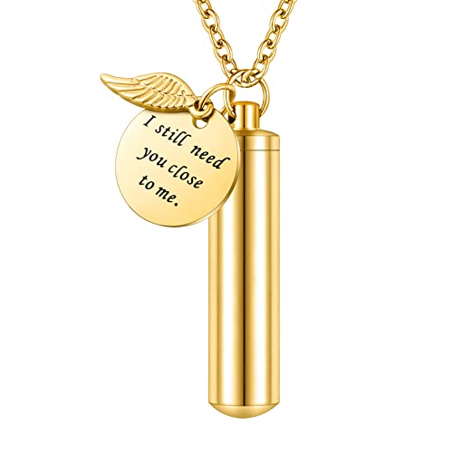 abooxiu Cylinder Urn Necklace for Ashes Cremation Jewelry/Keychain for human Pet Stainless Steel Memorial Keepsake Pendant with Angel Wing Charm Ashes - color: Gold-L