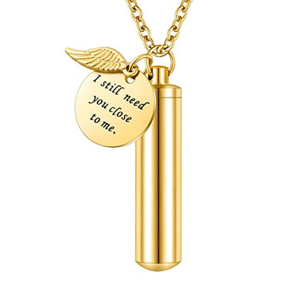 abooxiu Cylinder Urn Necklace for Ashes Cremation Jewelry/Keychain for human Pet Stainless Steel Memorial Keepsake Pendant with Angel Wing Charm Ashes - color: Gold-L