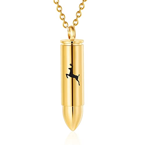 SIYUU Bullet Cremation Jewelry for Ashes Vial Deer Engraved Urn Necklace Stainless Steel Ash Container Keepsake Pendant Memorial Jewelry for Men Women - color: Gold