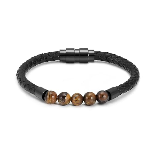 Lava Stone Urn Bracelet for Ashes Cremation Jewelry for Women Men Genuine Leather Memorial Rope Cuff Bangle Braided Bracelets Keepsake Jewelry for Loved Ones with Fill Tool 22cm - color: 5 Tiger Eyes