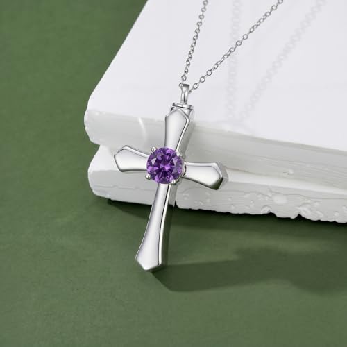 YYB Urn Necklace for Ashes Women Heart Birthstone Cross Cremation Jewelry | Memorial Keepsake Funeral Jewelry for Loved Ones (with Funnel Filler) - color: 02--Amethyst February