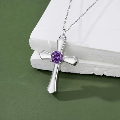 YYB Urn Necklace for Ashes Women Heart Birthstone Cross Cremation Jewelry | Memorial Keepsake Funeral Jewelry for Loved Ones (with Funnel Filler) - color: 02--Amethyst February