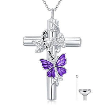 SOULMEET Enamel Butterfly Cross Urn Necklace for Ashes, Cross Moissanite Butterfly Ashes Necklaces with Forever in My Heart Engraved Keepsake Cremation Locket Jewelry for Women Men - color: E-Purple, style: Non Custom