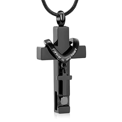 Forever in My Heart Birthstone Personalized Double Cross Urn Pendant Cremation Jewelry for Ashes Cross Ashes Keepsake - color: Black