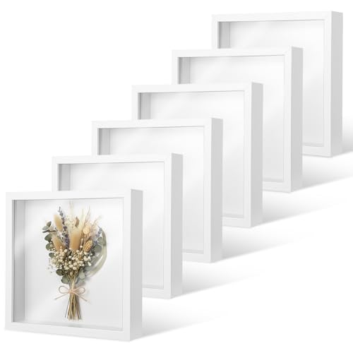 6 Pcs Shadow Box Frame, 8 x 8 Inch Shadow Box White Wood Hollow Photo Frame with Clear Acrylic Front Multipurpose Shadowbox Display Cases for Photos, Dried Flowers, Memorabilia, DIY Craft