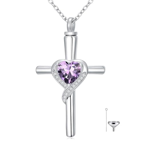 TOUPOP Cross Urn Necklaces for Ashes Birthstone Cremation Jewelry 925 Sterling Silver Cross Memorial Keepsake Funeral Jewelry for Women (with Funnel Filler) - color: 02-February-Amethyst