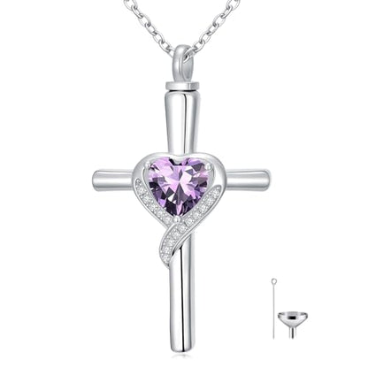 TOUPOP Cross Urn Necklaces for Ashes Birthstone Cremation Jewelry 925 Sterling Silver Cross Memorial Keepsake Funeral Jewelry for Women (with Funnel Filler) - color: 02-February-Amethyst