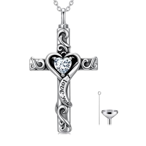 TOUPOP Cross Urn Necklaces for Ashes Birthstone Cremation Jewelry 925 Sterling Silver Cross Memorial Keepsake Jewelry for Women (with Funnel Filler) - color: 04-April-Synthetic Diamond