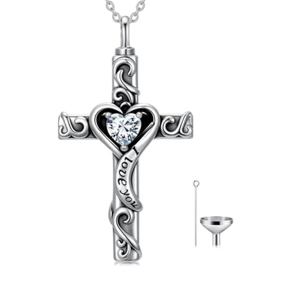 TOUPOP Cross Urn Necklaces for Ashes Birthstone Cremation Jewelry 925 Sterling Silver Cross Memorial Keepsake Jewelry for Women (with Funnel Filler) - color: 04-April-Synthetic Diamond