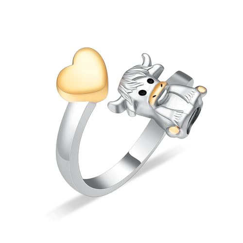Heart Urn Rings for Ashes for Women Highland Cow Cremation Ring Hold Loved Ones Ashes Adjustable Cute Cow Keepsake Memorial Jewelry Cremation Jewelry Ashes Open Rings Locket - color: Gold, size: 7#