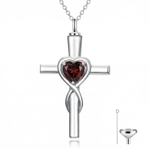 YYB Urn Necklace for Ashes Women Heart Birthstone Cross Cremation Jewelry | Memorial Keepsake Funeral Jewelry for Loved Ones (with Funnel Filler) - color: 01-Jan-Garnet