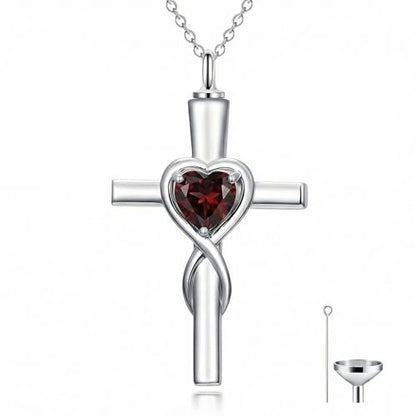 YYB Urn Necklace for Ashes Women Heart Birthstone Cross Cremation Jewelry | Memorial Keepsake Funeral Jewelry for Loved Ones (with Funnel Filler) - color: 01-Jan-Garnet