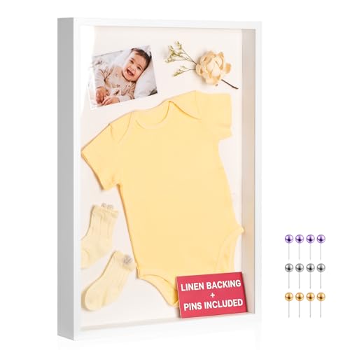 16x20 Large Shadow Box Frame with Thickened Acrylic Panel & Pins | With Push Pins, Deep 1.7" White Shadow Box Display Case – Display on Tabletop or Wall for Jersey, T-shirt, Keepsake, Wedding - color: White+high Definition Panel + Shatter-proof Packaging,