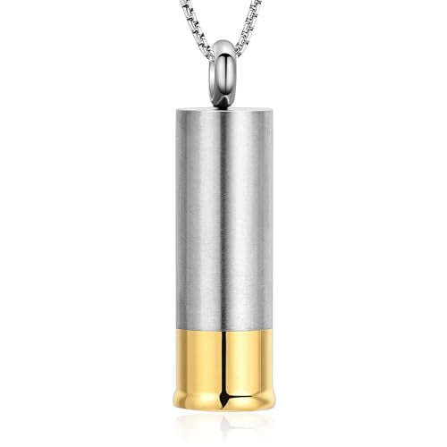 Oinsi Shotgun Shell Cremation Jewelry Urn Necklace For Ashes Of Loved Ones -Dad/Mom/Son/Grandma/Grandpa Cylinder Memorial Locket Pendant Necklace - color: Silver