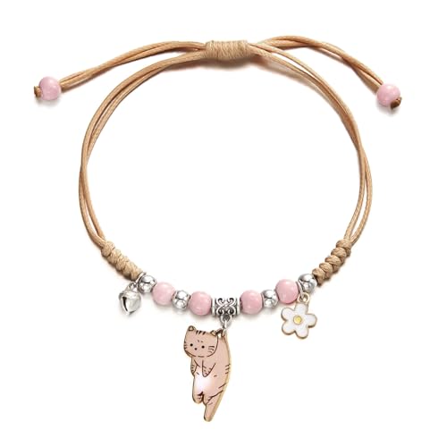 POYAMUSE Lovely Cat and Flower Strand Bracelet - Colorful Beads, Adjustable for Women - color: Ginger pink