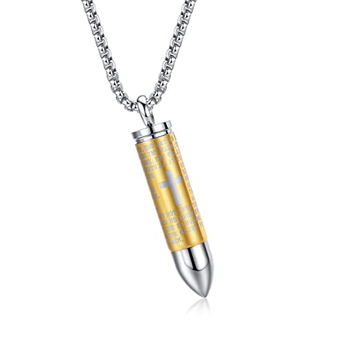 Mens Urn Necklace For Ashes Bullet Shape Cross Cremation Urn Jewelry - color: Silver-Gold