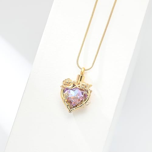 Cremation Jewelry for Ashes Rose Flower Urn Necklace with Crystal Heart Ashes Pendant Butterfly Necklaces for Women Men Memorial Keepsake Jewelry Gift - color: Gold-purple