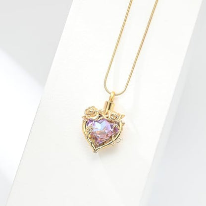 Cremation Jewelry for Ashes Rose Flower Urn Necklace with Crystal Heart Ashes Pendant Butterfly Necklaces for Women Men Memorial Keepsake Jewelry Gift - color: Gold-purple