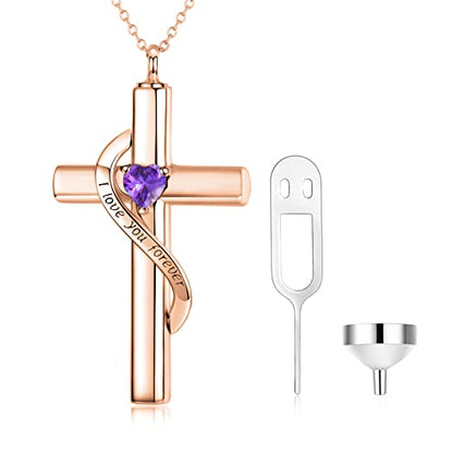 SOULMEET Personalize Solid 10k 14k 18k Real Gold Birthstone Cross Locket for Ashes, Simulated Gemstone Cross Urn Necklaces with Gold Chain Keepsake Cremation Jewelry - style: B-Custom Rose Gold February