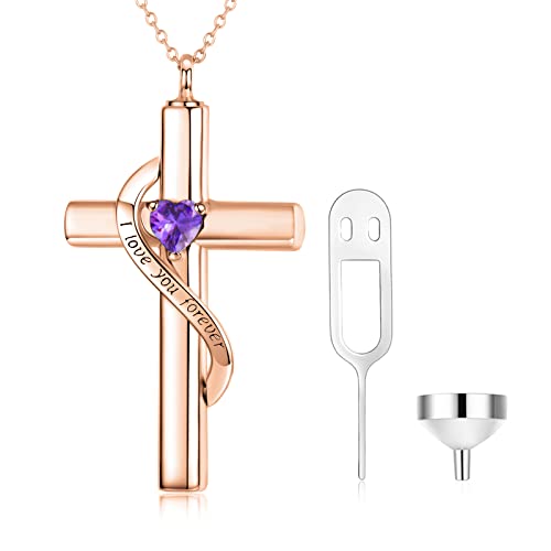 SOULMEET Crystal Cross Necklace for Ashes, Sterling Silver I Love You Forever Birthstone Cross Urn Necklaces for Ashes Keepsake Cremation Jewelry for Pet Human Ashes - style: B-Rose Gold-February
