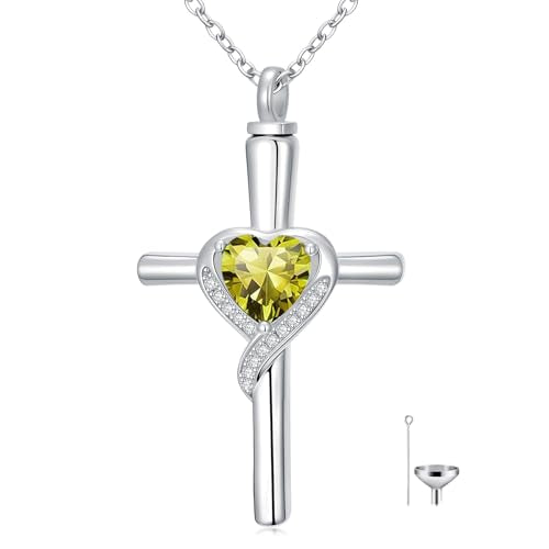 TOUPOP Cross Urn Necklaces for Ashes Birthstone Cremation Jewelry 925 Sterling Silver Cross Memorial Keepsake Funeral Jewelry for Women (with Funnel Filler) - color: 08-August-Peridot