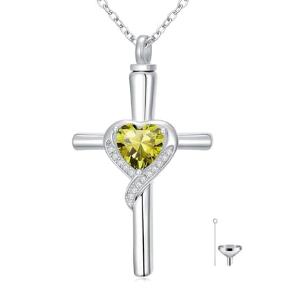 TOUPOP Cross Urn Necklaces for Ashes Birthstone Cremation Jewelry 925 Sterling Silver Cross Memorial Keepsake Funeral Jewelry for Women (with Funnel Filler) - color: 08-August-Peridot