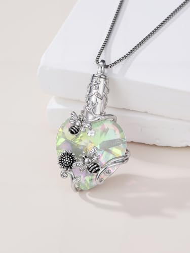 JKR Heart Urn Necklace for Ashes Crystal Keepsake Pendant Memorial Jewelry - style: Bee-White Crystal