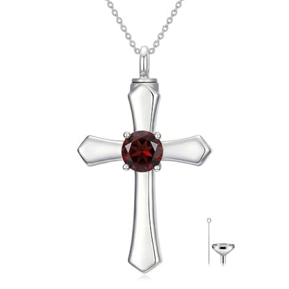 YYB Urn Necklace for Ashes Women Heart Birthstone Cross Cremation Jewelry | Memorial Keepsake Funeral Jewelry for Loved Ones (with Funnel Filler) - color: 01--Garnet January