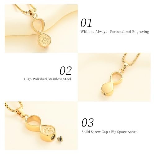 Oinsi Infinity Love Pet Cremation Jewelry for Ashes of Dog/Cat Funeral Keepsake Urn Necklace Pendant Memorial Jewellery - color: A-Gold