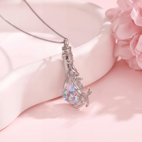 Butterfly/Dragonfly/Ladybug/Bee/Hummingbird Urn Necklace for Ashes Teardrop Crystal Keepsake Pendant Memorial Jewelry with Funnel Filler for Women - color: Dragonfly