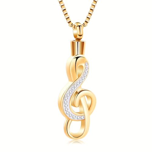 XSMZB Cremation Jewelry Crystal Music Note Urn Necklace for Ashes Stainless Steel Necklace Urn Cremation Memorial Ashes Holder Keepsake Pendant Locket - color: Gold