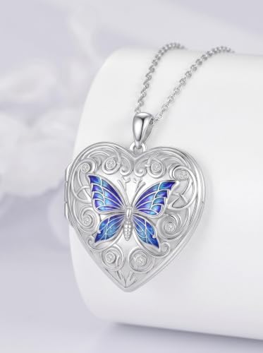 Poiuy Photo Locket Necklace for Women, Heart Picture Pendant Photo Necklace Jewelry Christmas Memorial Birthday Gifts for Women Daughter Mom - color: Butterfly Locket Necklace