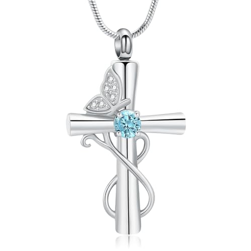 Butterfly Cross Cremation Jewelry Urn Necklaces Cross Butterfly Urn Necklaces for Ashes Memorial Keepsake Pendant for Women Men Gifts With Funnel Kit & Bag - color: Silver+LightBlue