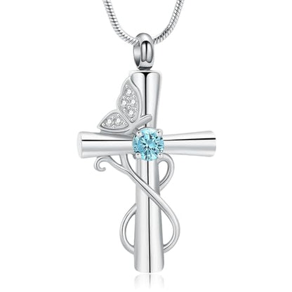 Butterfly Cross Cremation Jewelry Urn Necklaces Cross Butterfly Urn Necklaces for Ashes Memorial Keepsake Pendant for Women Men Gifts With Funnel Kit & Bag - color: Silver+LightBlue