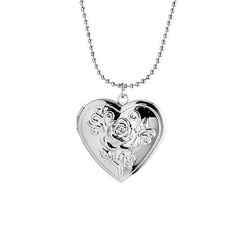 Vintage Engraved Flower Locket Picture Pendant Necklace Antique Carved Pattern Oval Heart Pendant Necklace For Women Hold Picture Souvenir Memorial Jewelry - color: Rose Flower Silver