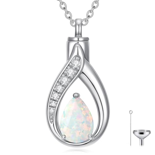 Teardrop Urn Necklace for Ashes Birthstone Keepsake Pendant Cremation Jewelry for Ashes Memorial Jewelry Gifts for Loss of a Loved One for Women - style: Oct-Opal